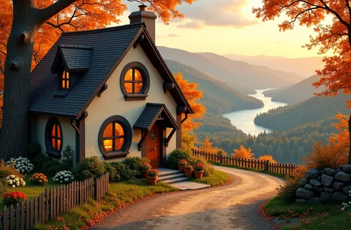 Prompt: a small old english house, round windows, round wooden door, flower pots in the front, in a small hill, next to a gaint tree, in a forest, cute little dirt road leading up to the house, small wooden picket fence, small stone wall along the dirt road, sunset, during autumn, leaves are orange, scenic hilly forests with lakes and waterfalls in the far background