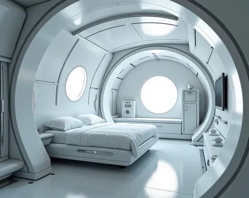 Prompt: photo realistic image of a an interior of a futuristic capsule room, with bed, LCD screen, bathroom, small fridge, round futuristic windows, modern futuristic interior, white shiny panels on the walls,  star wars aesthetic, highly detailed, uhd, 8k