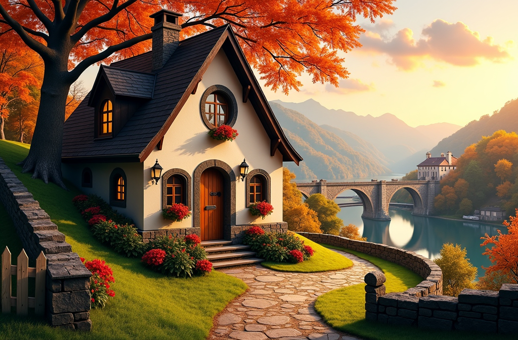 Prompt: a small old english house, round windows, round wooden door, flower pots in the front, in a small hill, next to a gaint tree, in a forest, cute little dirt road leading up to the house, small wooden picket fence, small stone wall along the dirt road, sunset, during autumn, leaves are orange, scenic hilly town with stone bridges and lakes in the far background