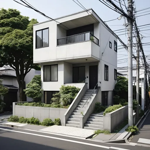 Prompt: photo realistic image of a small house 3 stories tall, 6 meters in front, by 12 meters in depth, the front is elevated with concrete steps and small walls containing grass and plants. The garage is sunken, the house is white with "A" frame style black tile roof and narrow tall windows, there are trees in the sidewalk, set in a residential tokyo neighborhood





