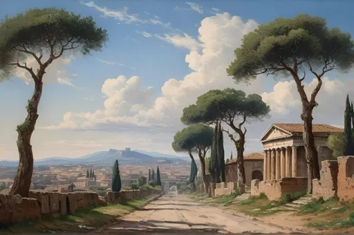 Prompt: old historical oil painting of a scene on the via appia, in ancient rome, cobble stoned road, with the the city of rome in hills in the far distance, italian stone trees in the side of the road, mausoleums and small temples on the side of the road, blue skies, white clouds, spring time, set in the year 33 BC, highly detailed, 8k, uhd