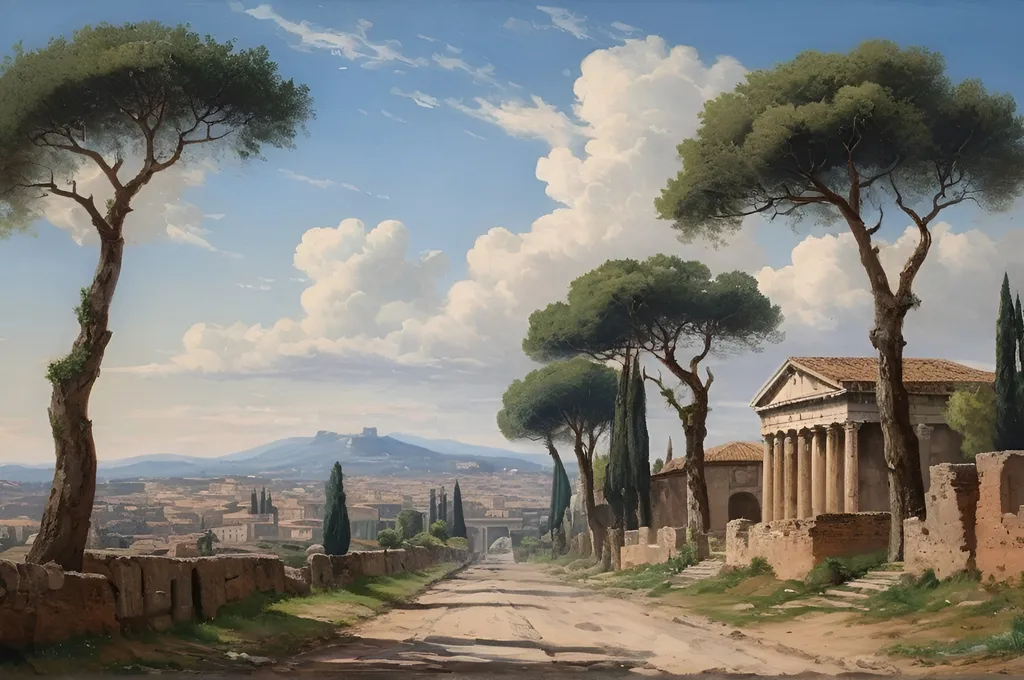 Prompt: old historical oil painting of a scene on the via appia, in ancient rome, cobble stoned road, with the the city of rome in hills in the far distance, italian stone trees in the side of the road, mausoleums and small temples on the side of the road, blue skies, white clouds, spring time, set in the year 33 BC, highly detailed, 8k, uhd