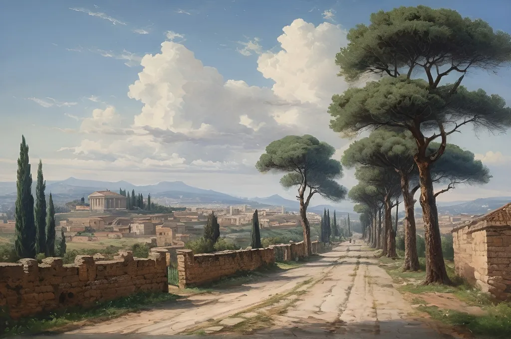 Prompt: old historical oil painting of a scene on the via appia, in ancient rome, cobble stoned road, with the the city of rome in hills in the far distance, italian trees in the side of the road, mausoleums and small temples on the side of the road, blue skies, white clouds, spring time, set in the year 33 BC, highly detailed, 8k, uhd