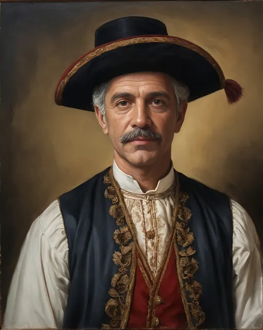 Prompt: historical style old oil painting portrait of a man wearing a traditional italian outfit

