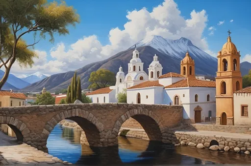 Prompt: historical old oil painting of a realistic image of a traditional mexican town with colonial houses, a cobble stone street, a small bridge over a small river, trees, and a baroque church, a snow capped mountain in the background, blue sky, white clouds, highly detailed, uhd, 8k, jesus helguera style painting, set in late 19th century