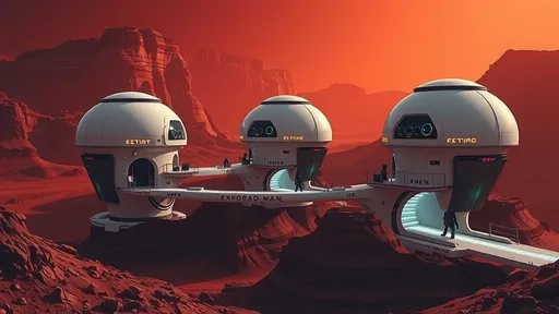 Prompt: futuristic white shiny living stations, connected to each other, exploration base, with futuristic windows, living unit, in a valley, in the middle of canyons, set in mars, dark red atmosphere