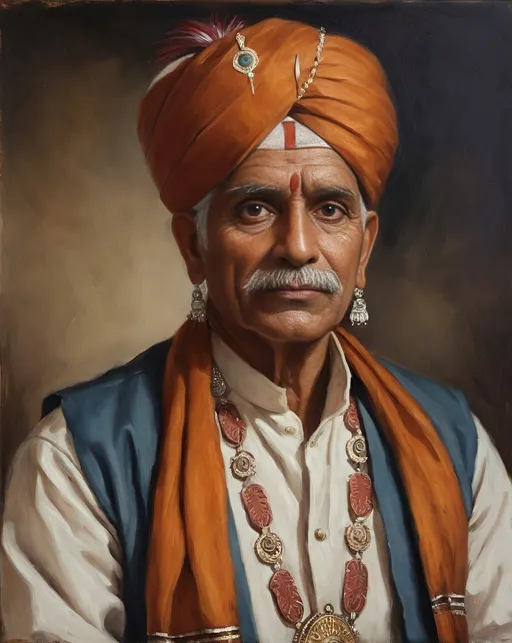 Prompt: historical style old oil painting portrait of a man wearing a traditional indian outfit

