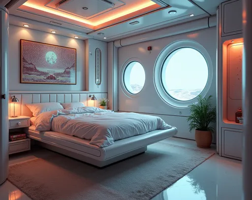 Prompt: sleeping quarters on a futuristic spaceship, room has a bed on top of storage spaces, there is a holographic screen, the room has small round windows, there is a small shower attached to storage spaces in the corner, small space for office work, plants, 80's aesthetics, retro futuristic feel, highly detailed, uhd, 8k