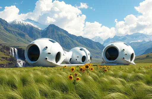 Prompt: futuristic white shiny living stations, connected to each other, exploration base, with futuristic windows, living unit, standing in the middle of green grass, sunflowers, in a valley, surrounded by waterfalls and snow-capped mountains, alien planet, blue skies, white puffy clouds, wind swept grass