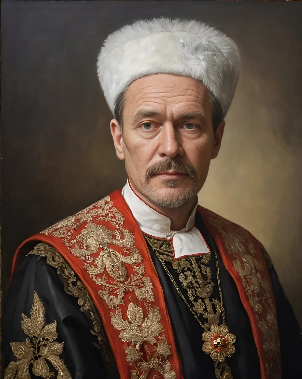 Prompt: historical style old oil painting portrait of a man wearing a traditional russian outfit

