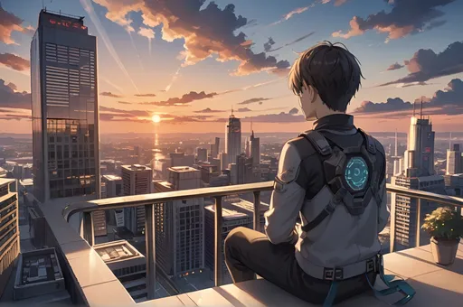 Prompt: a man sitting on a balcony on the 20th floor of an apartment building, overlooking a futuristic city skyline with high rise buildings, there is a bullet train passing in the distance to the left of the image, a lake in the distant background towards the right of the image, sunset, golden hour, highly detailed, uhd, 8k