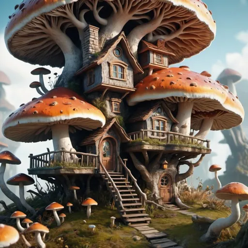 Prompt: 8K super detailed. Fungi house on flying island. Surreal. 