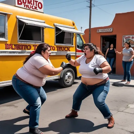 Prompt: Two fat mexican women fight outside burrito truck. 8K. UHD. HDR. Hyper detailed. Photorealistic. Professional photography.