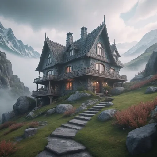Prompt: 8K super detailed. Fantasy house in misty mountains. Surreal.  