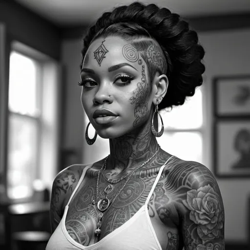 Prompt: Beautiful black woman with full body tattoos, piercings. 8K. UHD. Hyper detailed, photorealistic, black and white