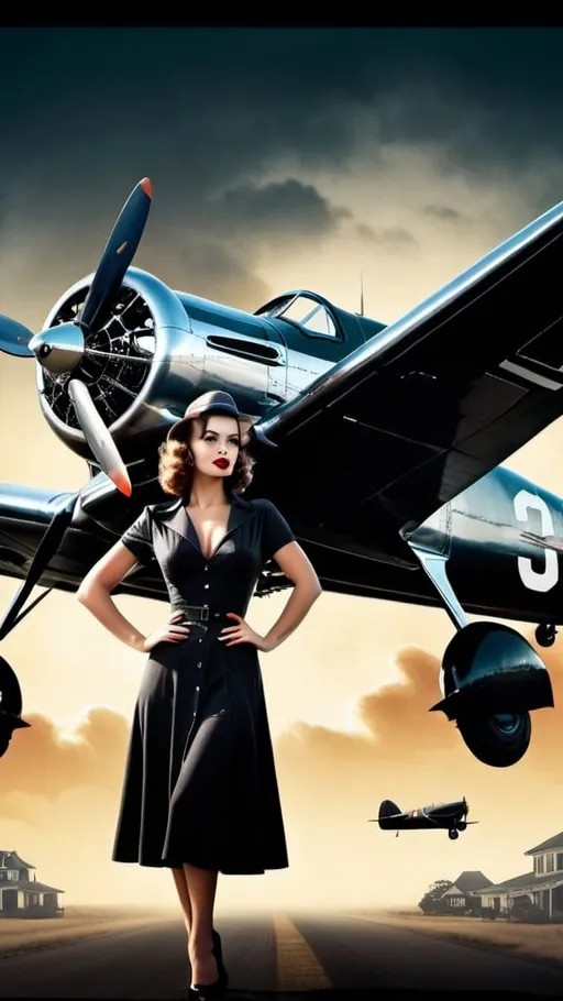 Prompt: film noir movie poster with beautiful woman and vintage plane