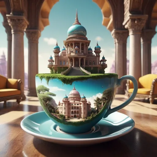 Prompt: Exotic fantasy palace in a cup of tea. Surrealism. 8K, UHD, Photorealistic. 