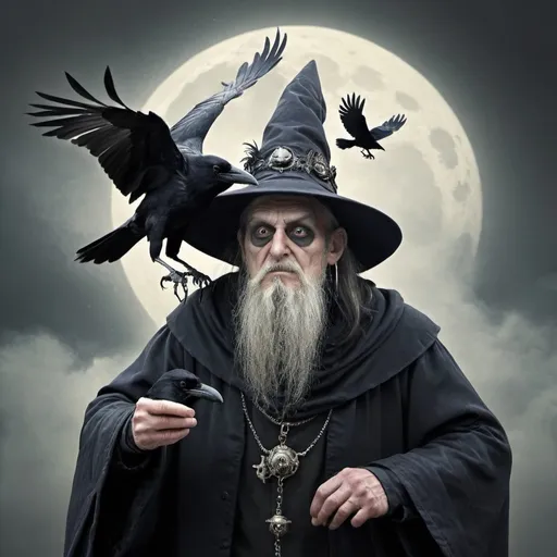 Prompt: grotesque wizard with crow