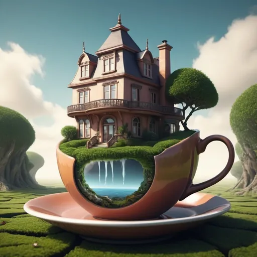 Prompt: Exotic fantasy house in a cup of tea. Surrealism. 8K, UHD, Photorealistic. 