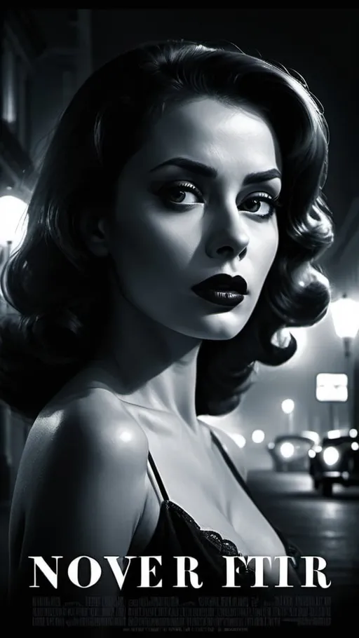 Prompt: film noir movie poster with beautiful woman in misty city at night