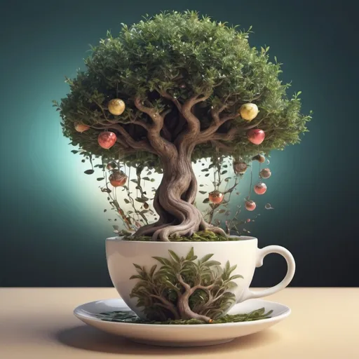 Prompt: Exotic fantasy tree in a cup of tea. Surrealism. 8K, UHD, Photorealistic. 