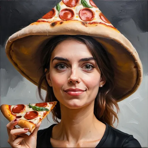 Prompt: woman with pizza hat oil painting