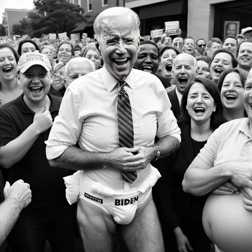 Prompt: Crowd laughing at Joe Biden wearing diaper. Photorealistic. Black and white.