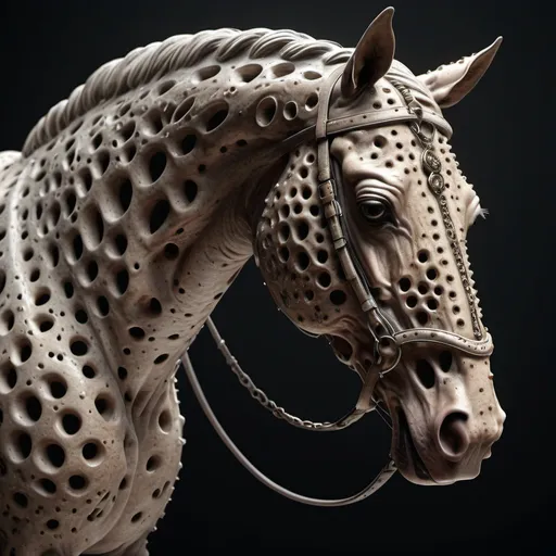 Prompt: Grotesque trypophobia horse. Full body. Full length. 8K. UHD. Photo realistic. Hyper detailed.