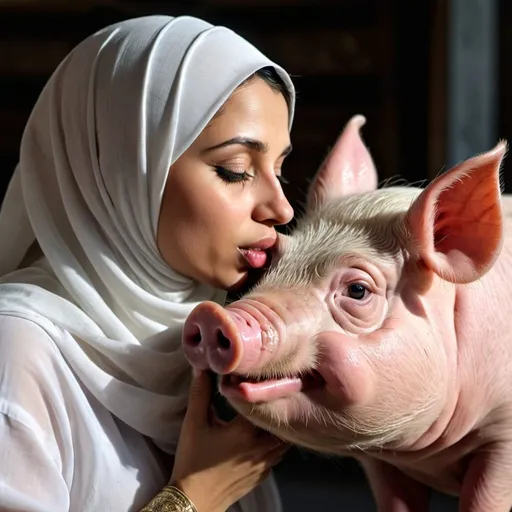 Prompt: Muslim woman kissing humanoid pig. 8K. UHD. HDR. Hyper detailed. Photorealistic. Professional photography.
