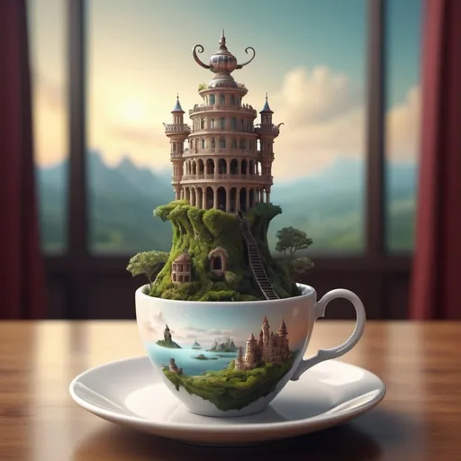 Prompt: Exotic fantasy tower in a cup of tea. Surrealism. 8K, UHD, Photorealistic. 