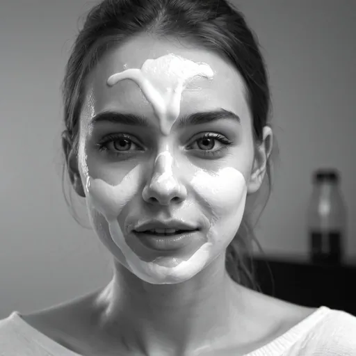 Prompt: Pretty young woman with milk on face. Black and white. UHD 4K. Hyper detailed. 