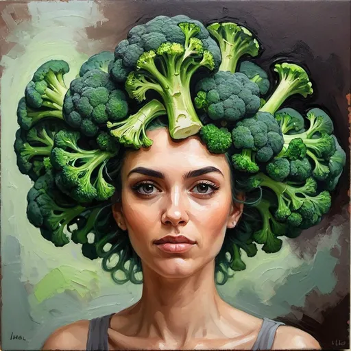 Prompt: woman with broccoli hair oil painting