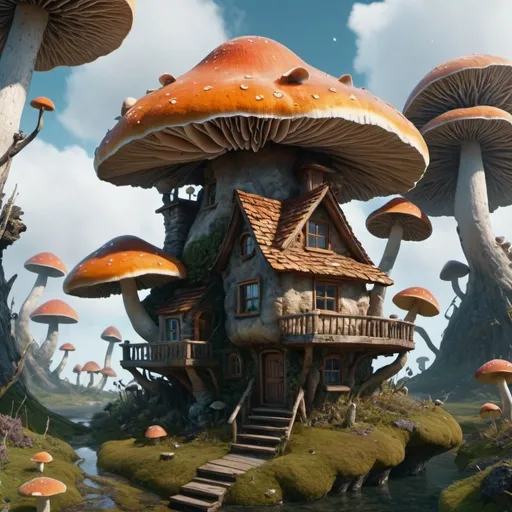 Prompt: 8K super detailed. Fungi house on flying island. Surreal. 