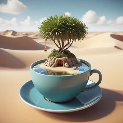 Prompt: Exotic fantasy desert island in a cup of tea. Surrealism. 8K, UHD, Photorealistic. 