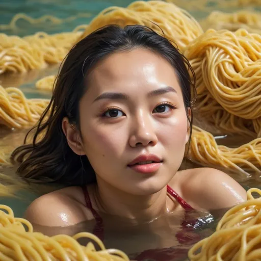 Prompt: Beautiful Asian woman swimming in noodles. UHD. HDR. 8K. Photorealistic. Super detailed. Professional photography.
