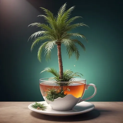Prompt: Exotic fantasy palm tree in a cup of tea. Surrealism. 8K, UHD, Photorealistic. 