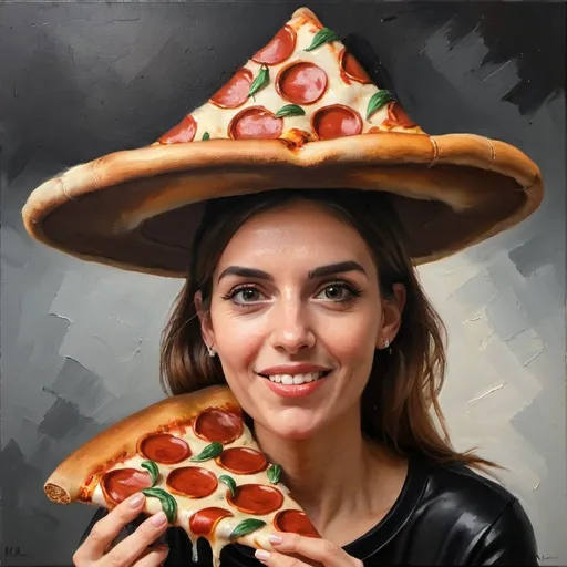 Prompt: woman with pizza hat oil painting