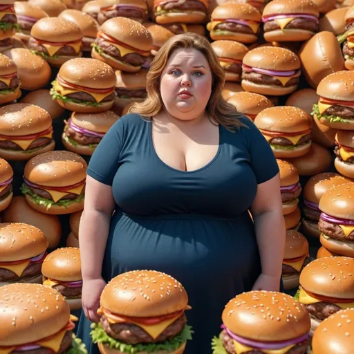 Prompt: Fat woman in field of burgers. UHD. HDR. 8K. Photorealistic. Super detailed. Professional photography.