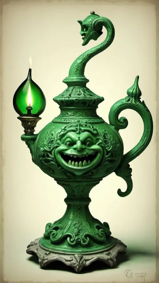 Prompt: Grotesque green genii and magic lamp