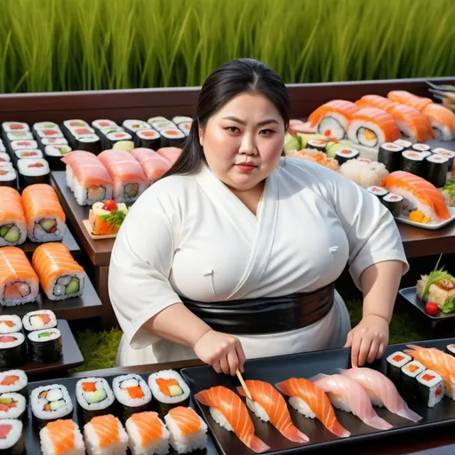 Prompt: Fat Asian woman in field of sushi. UHD. HDR. 8K. Photorealistic. Super detailed. Professional photography.