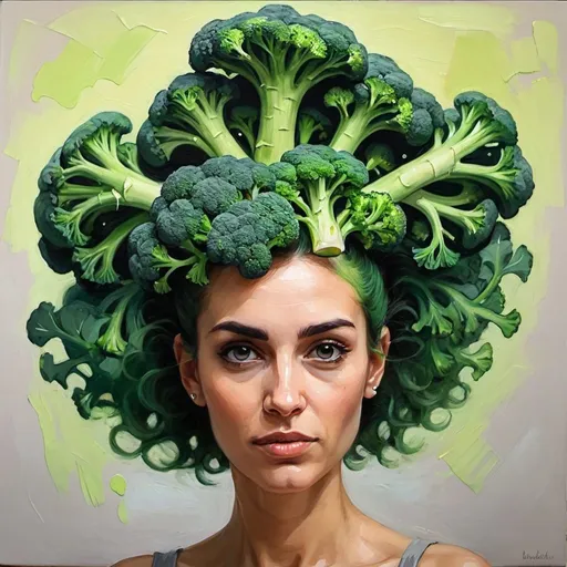 Prompt: woman with broccoli hair oil painting