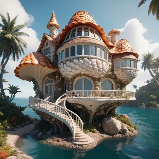 Prompt: 8K super detailed shell house on flying island. Surreal. 