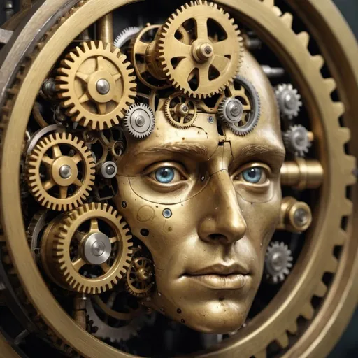 Prompt: Surreal machine. Human face. Brass. Cogs, valves, dials. HDR. UHD. 8K. Photorealistic. Professional photography. 