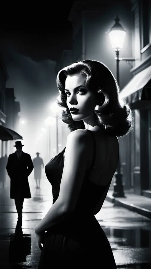 Prompt: film noir movie poster with beautiful woman in misty city at night