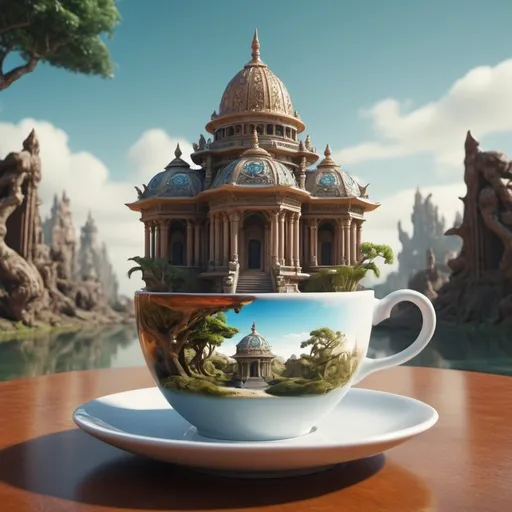 Prompt: Exotic fantasy temple in a cup of tea. Surrealism. 8K, UHD, Photorealistic. 