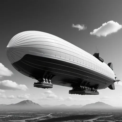 Prompt: 8K, UHD. Futuristic airship. Black and white.