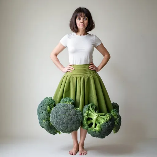 Prompt: woman with broccoli skirt