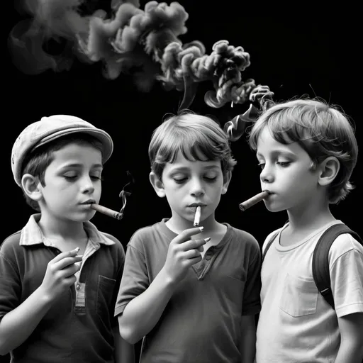 Prompt: Children smoking cigars. Super detailed. Photorealistic. Black and white.