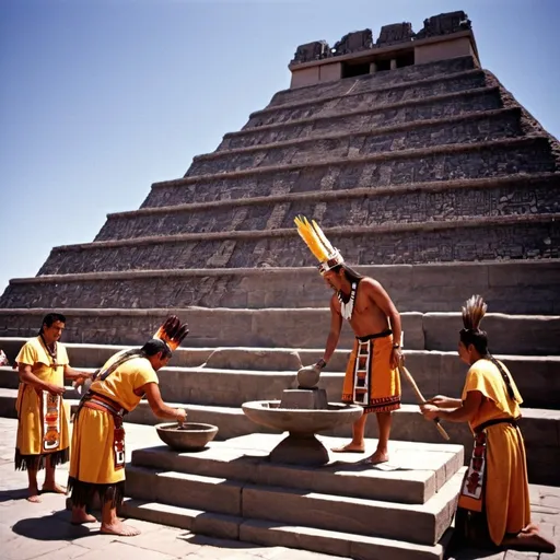 Prompt: Aztec priests perform sacrifice on temple of the sun god. 