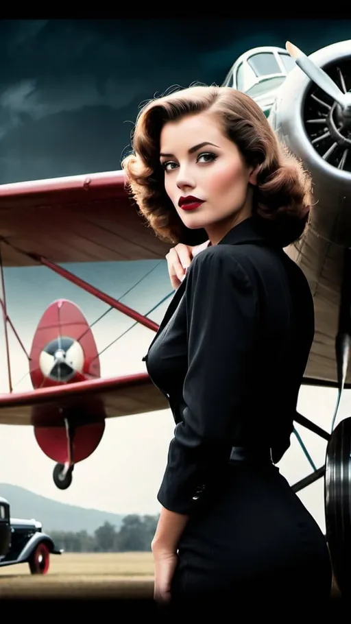 Prompt: film noir movie poster with beautiful woman and vintage plane